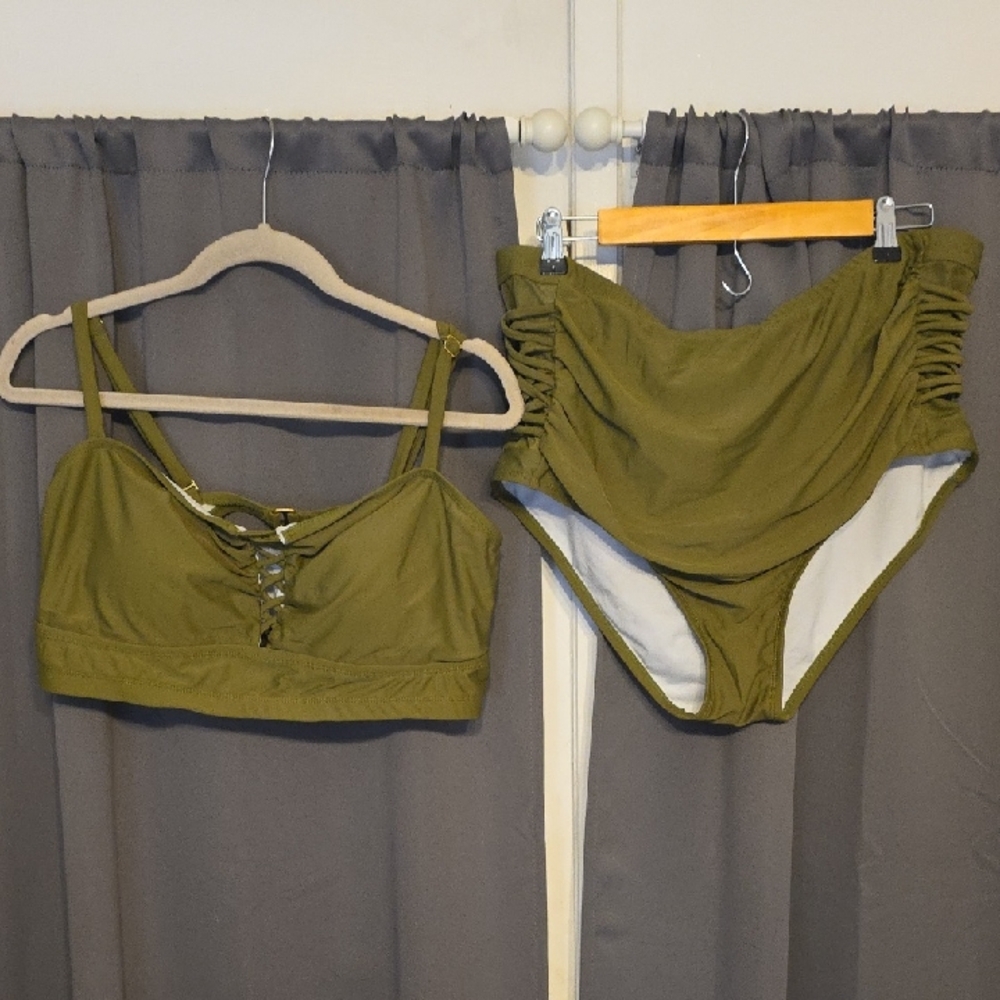 Unbranded Women's Olive Green Bikini Set Swimsuit Padded Lace Up Look Sz XL/XXL?
